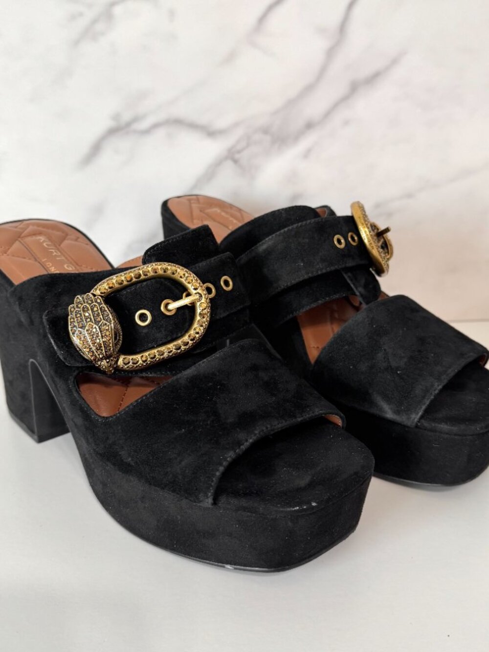 Kurt Geiger Mayfair Platform Block Heel Slide Sandals Black Suede 9/40